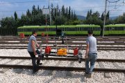 Setting the ultrasonic trolley UDS2-73 on rails before the practical training, Turkey, August 2020