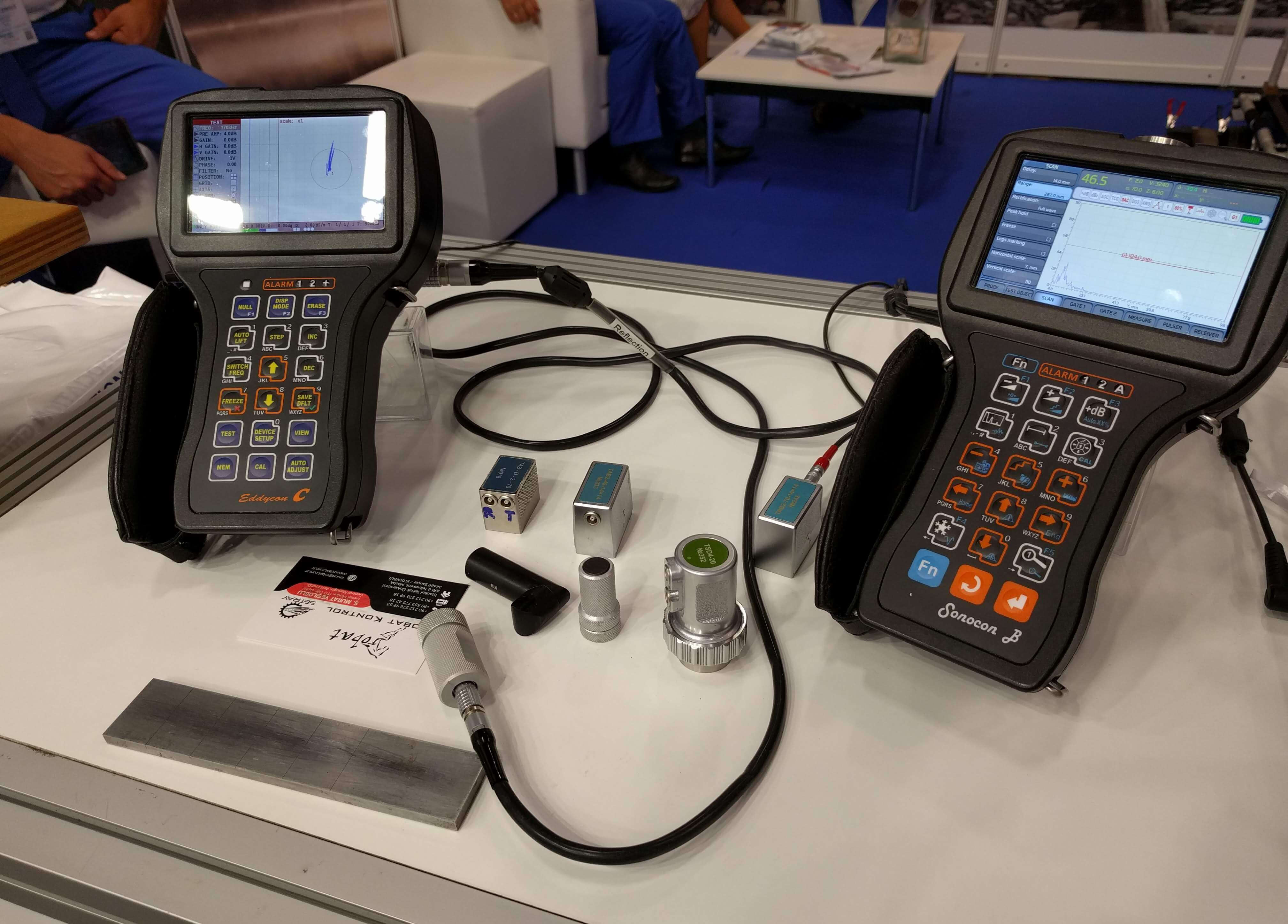 Portable flaw detectors Sonocon B and Eddycon C with transducers and calibration block presented at InnoTrans-2018