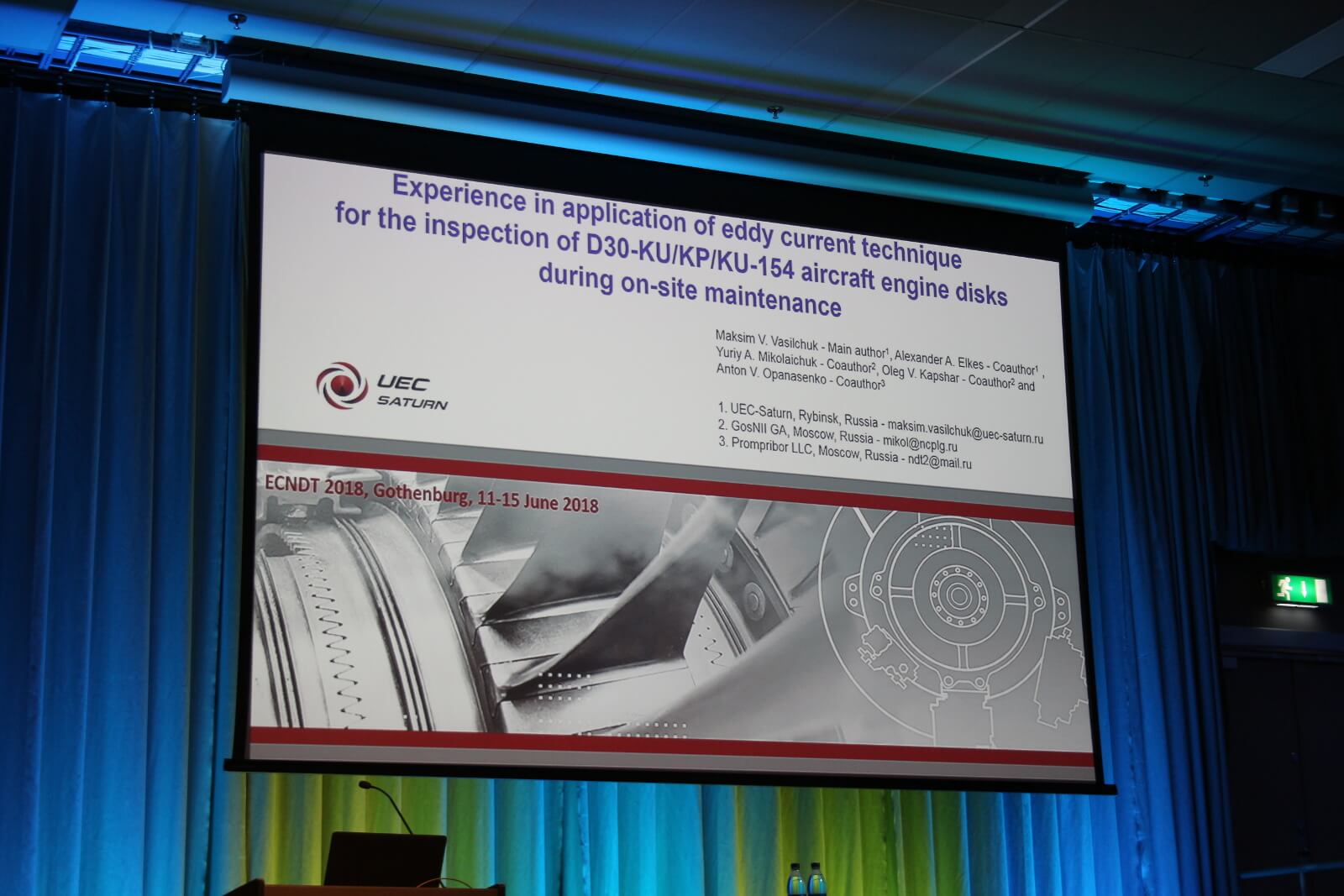 Presentation of the use of the eddy current method for testing aircraft engine disks within the framework of the Conference ECNDT-18, Gothenburg (Sweden)