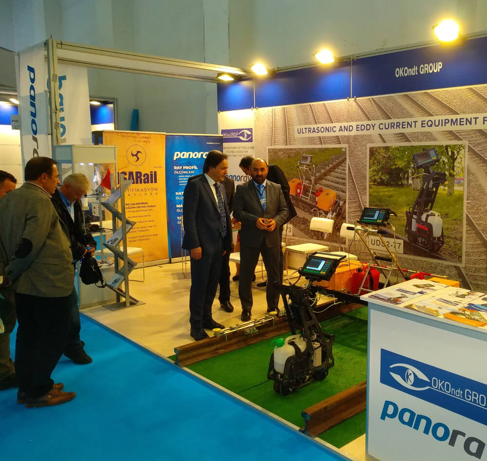 Attendees of the International Exhibition Eurasia Rail are looking at the rail flaw detectors produced by OKOndt Group, Izmir, Turkey, April 2019