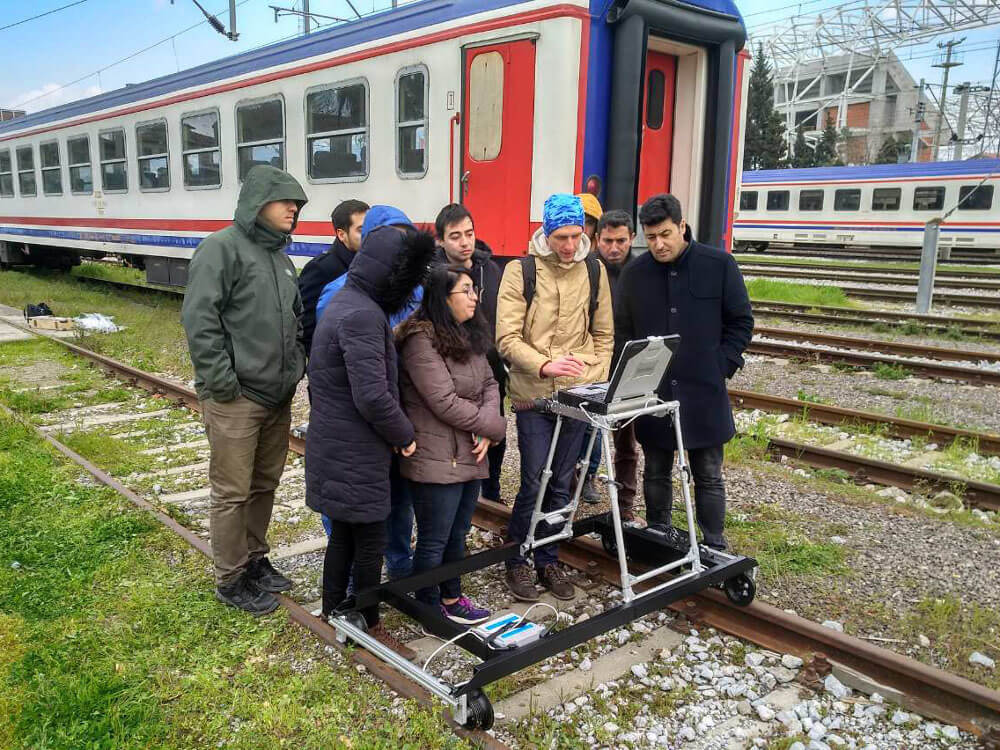Practical training on how to work with the single rail eddy current trolley ETS2-77 on real rails — OKOndt Group's specialist holds a training for the customer, Turkey, 2019