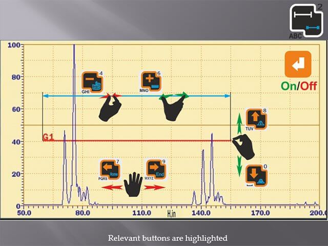 Direct A-Scan and Gates control of the compact ultrasonic flaw detector Sonocon B in «Thickness Gauge +» version