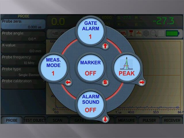 Quick Access Menu of the compact ultrasonic flaw detector Sonocon B in «Thickness Gauge +» version 