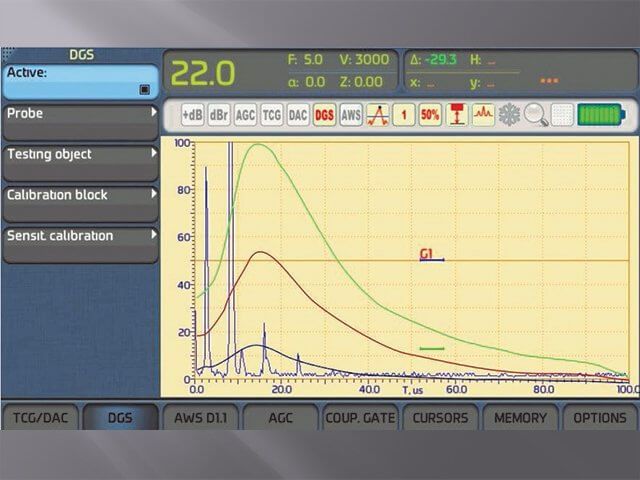 DGS (AVG) system of the compact ultrasonic flaw detector Sonocon B, in «Thickness Gauge +» version