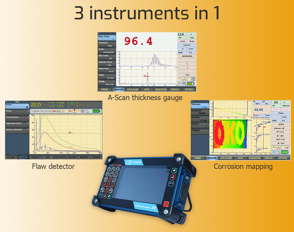Three main functions of ultrasonic compact flaw detector with a large screen Sonocon BL