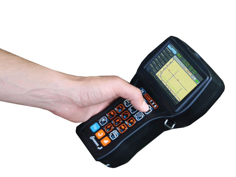 «Thickness Gauge +» version of compact ultrasonic flaw detector Sonocon B in the hand