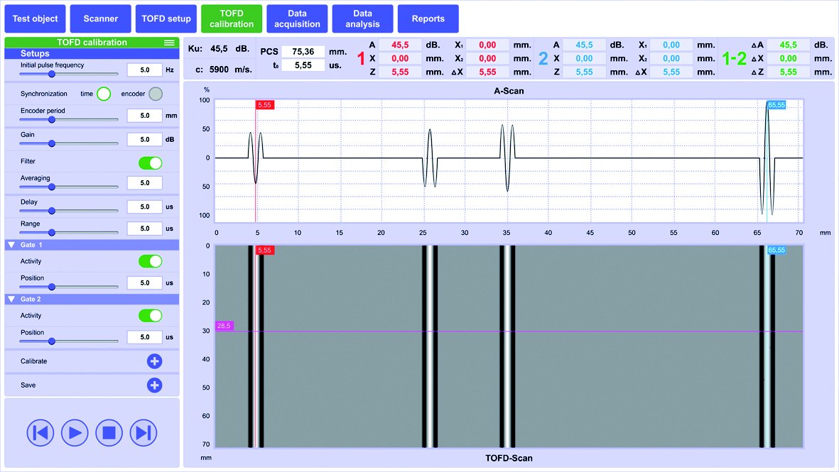 «TOFD Calibration» tab of the ultrasonic welded joints tester TOFD Man