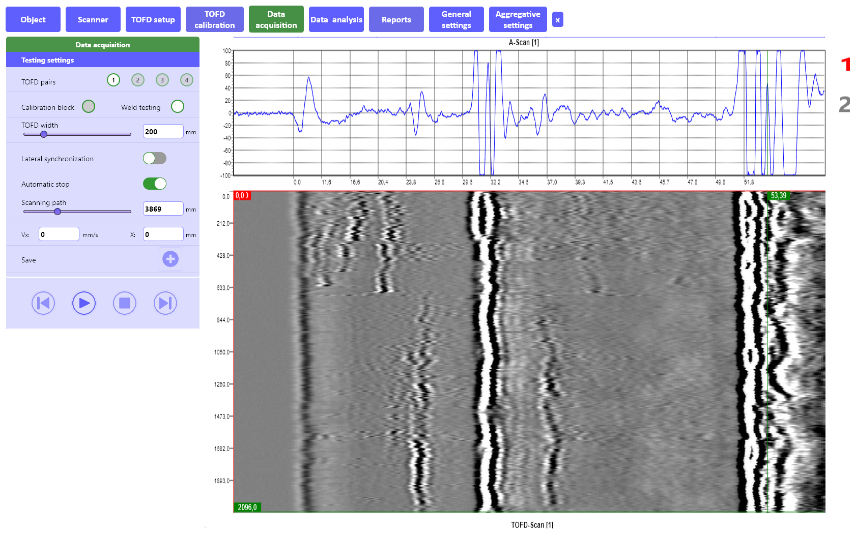 «Data acquisition» tab of the ultrasonic welded joints tester TOFD Man