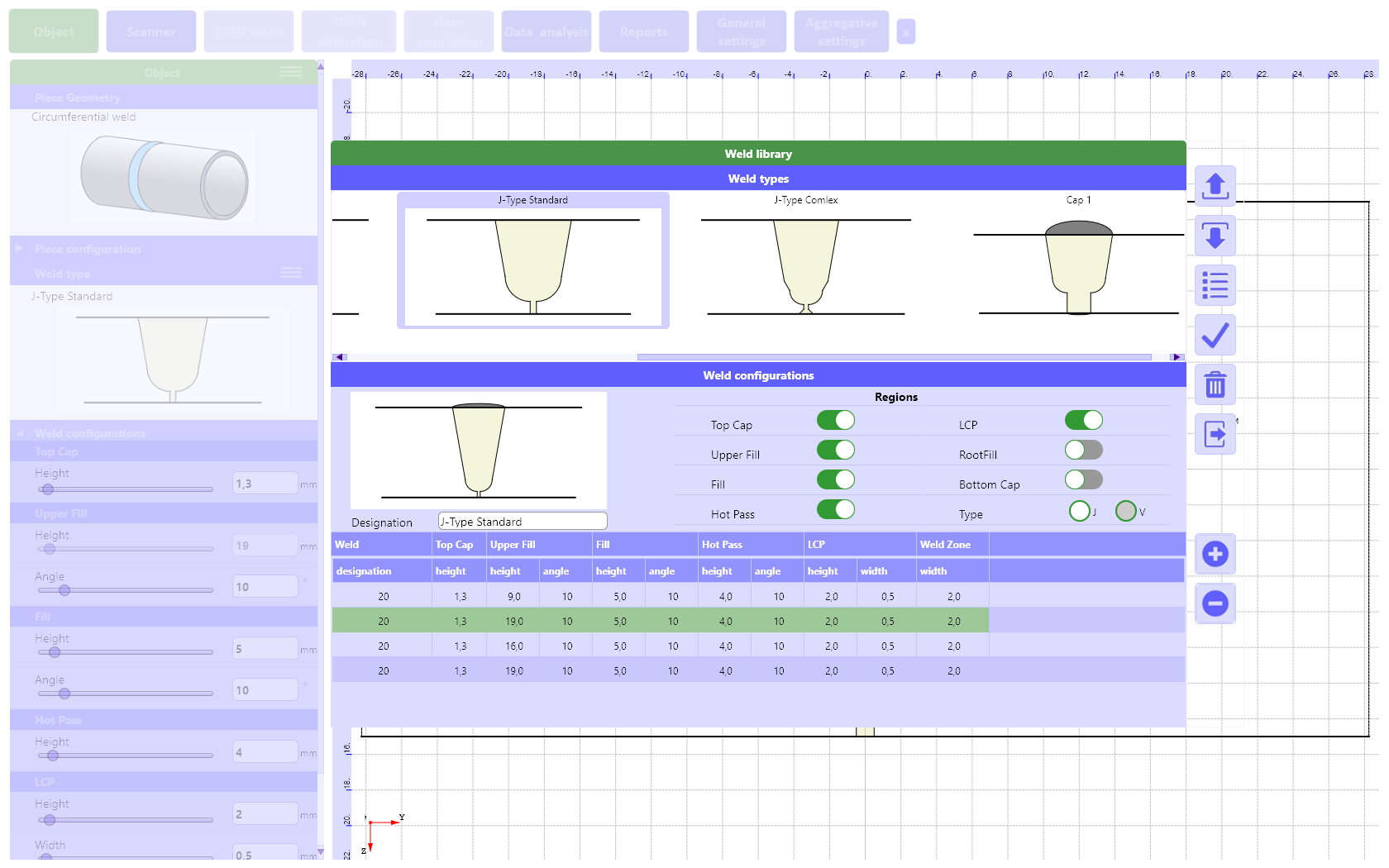 «Object» tab of the ultrasonic welded joints tester TOFD Man