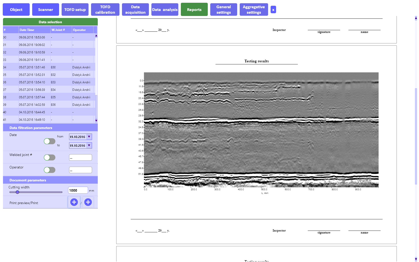 «Reports» tab of the ultrasonic welded joints tester TOFD Man