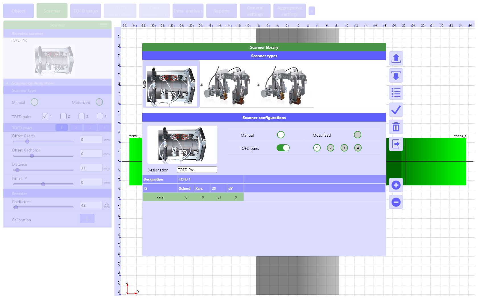 «Scanner» tab of the ultrasonic welded joints tester TOFD Man