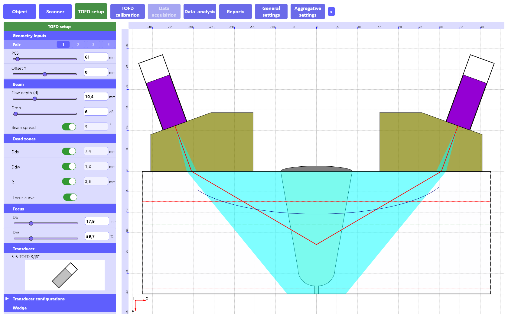 «TOFD setup» tab of the ultrasonic welded joints tester TOFD Man