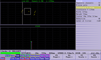 B-scan + A-scan of the ultrasonic single rail flaw detector UDS2-77