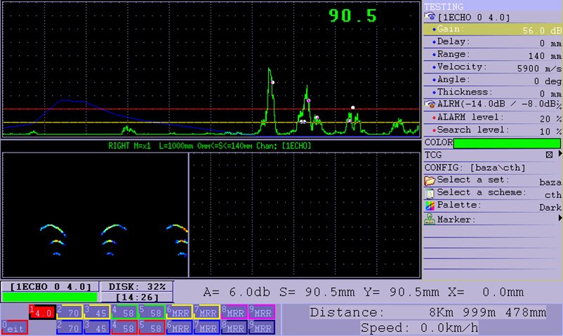 A-Scan + B-scan of the ultrasonic single rail flaw detector UDS2-77