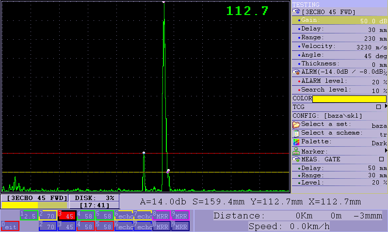 A-scan display of the ultrasonic single rail flaw detector UDS2-77